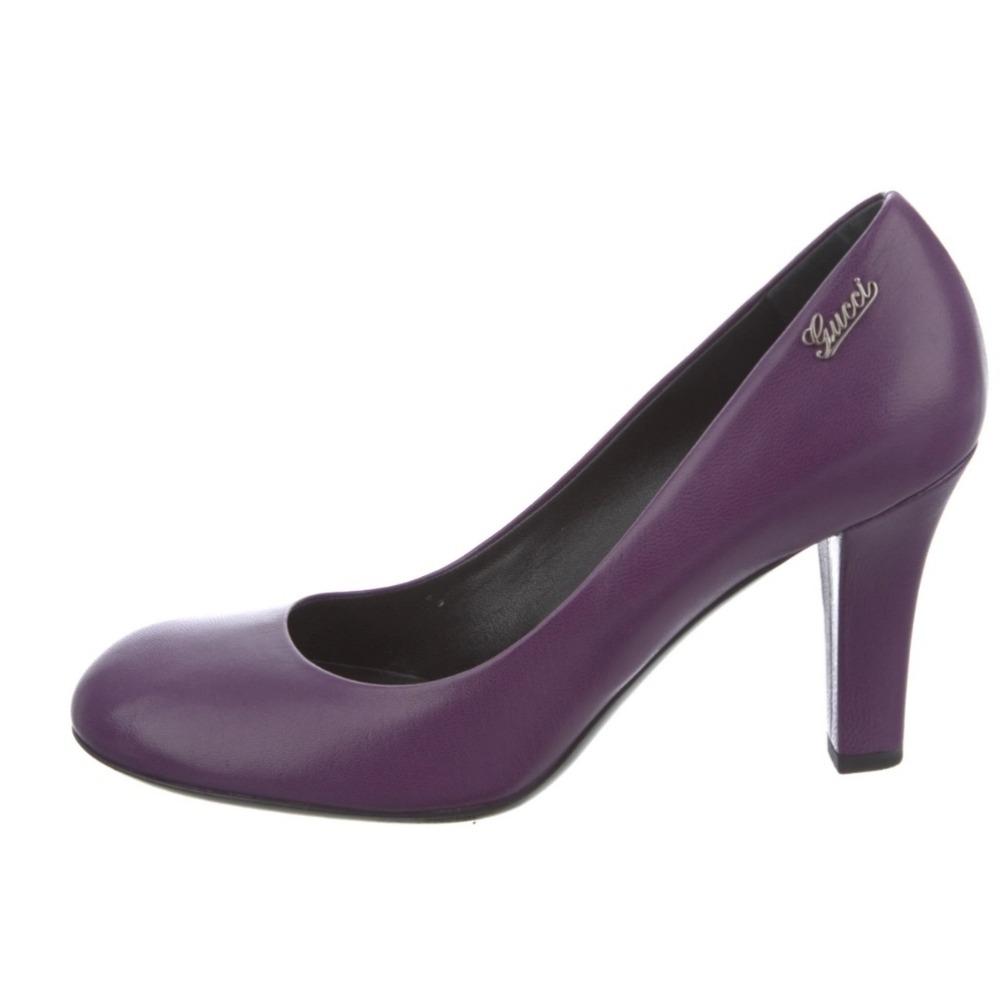 Gucci Purple Genuine Leather Round Toe Side Logo Shoes Pumps Heels